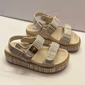 Steve Madden Cream Woven Platform Sandals with Gold Buckle